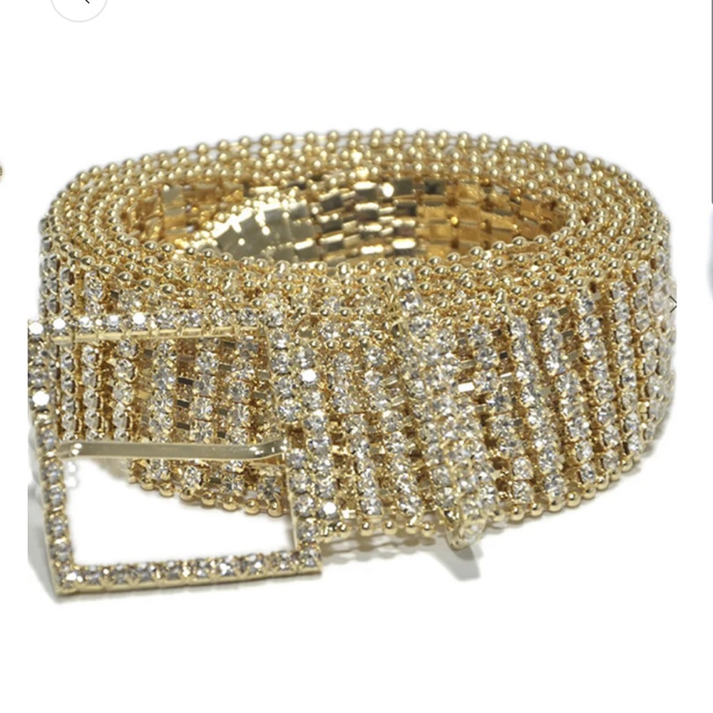 Square buckle gold tone rhinestone belt‎ OS